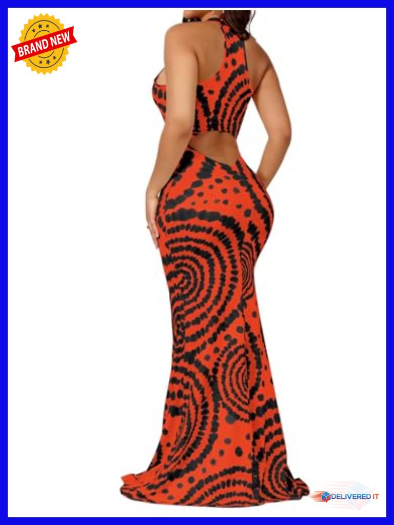 Women's Halter Tie Dye Maxi Dress Backless Bodycon Vacation